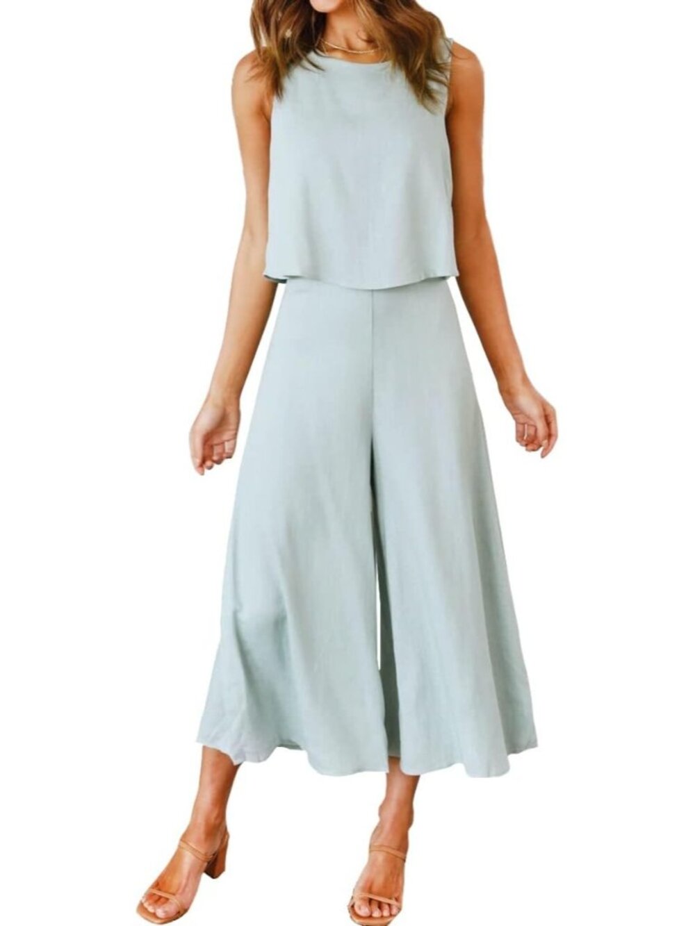 Women's Summer 2 Piece Light Cyan Round Neck Crop Top Cropped Wide Leg Jumpsuit